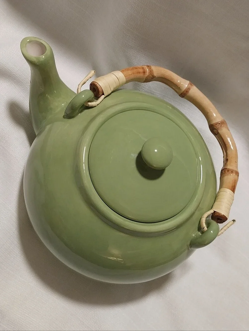 Pottery Barn Sausalito Green Bamboo Handle Teapot